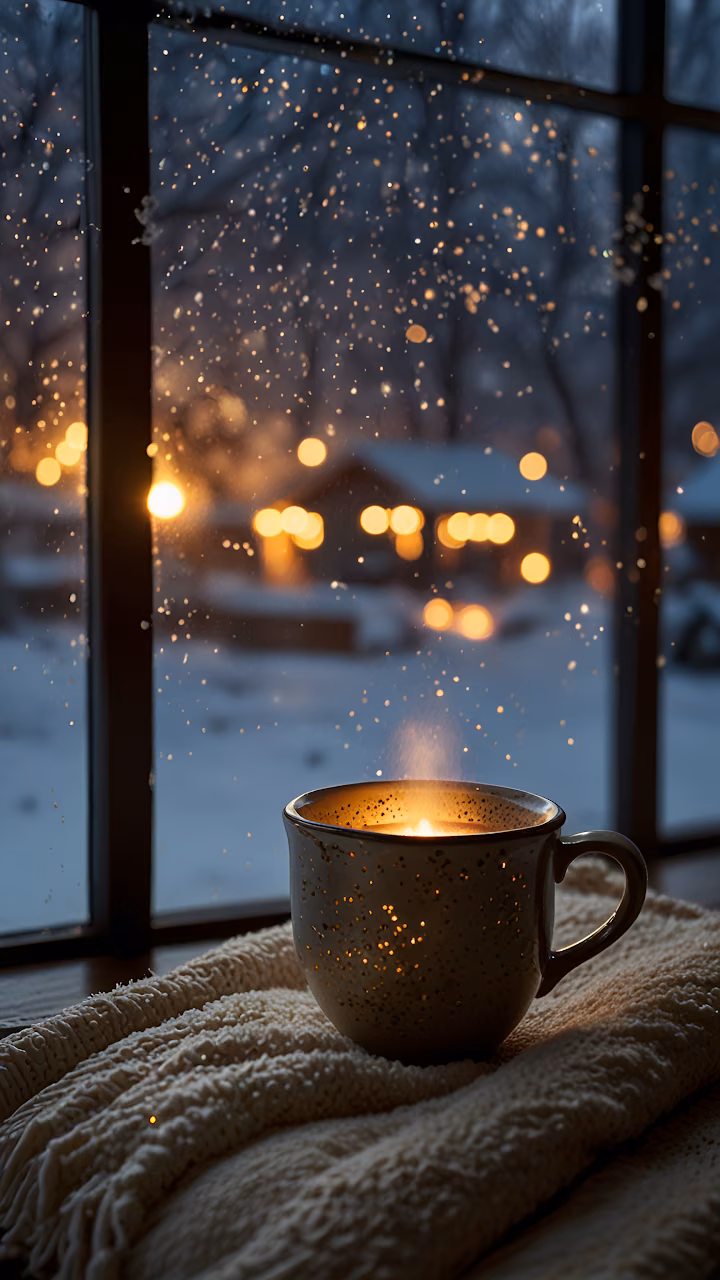 Steaming Mug Window Bokeh Lights Winter Cozy Scene - Free Mobile AMOLED Wallpaper Background