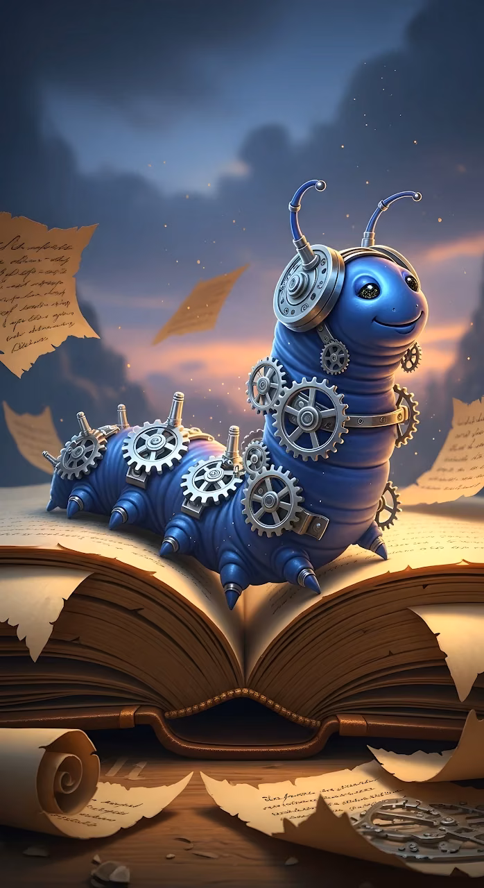 Steampunk Blue Caterpillar on Ancient Open Tome - Free Mobile AMOLED Wallpaper Background