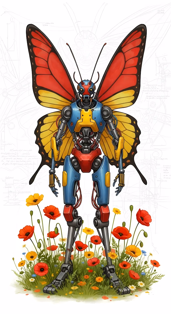Steampunk Butterfly Robot Standing in Poppy Flower Field - Free Mobile AMOLED Wallpaper Background