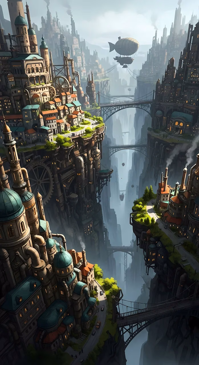 Steampunk City Built into a Deep Canyon Gorge with Airship - Free Mobile AMOLED Wallpaper Background
