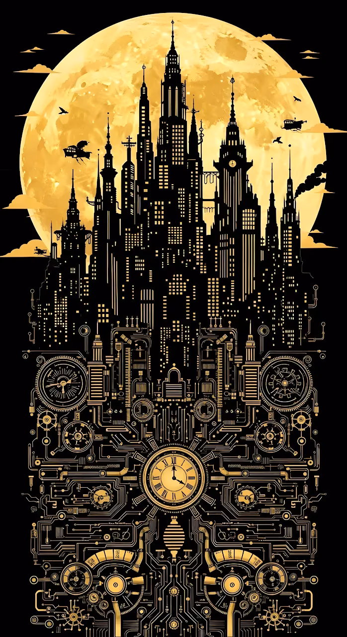 Steampunk City Silhouette Against Golden Full Moon - Free Mobile AMOLED Wallpaper Background