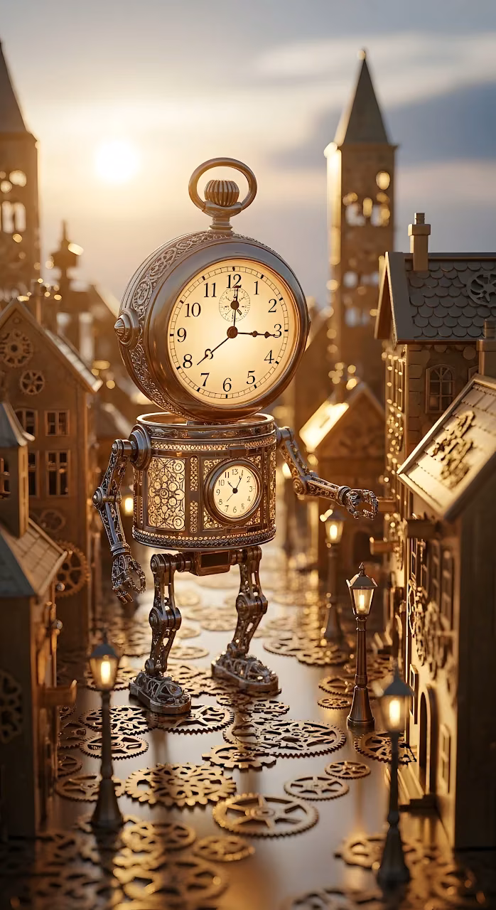 Steampunk Clockwork Robot in Miniature Gear Cityscape - Free Mobile AMOLED Wallpaper Background
