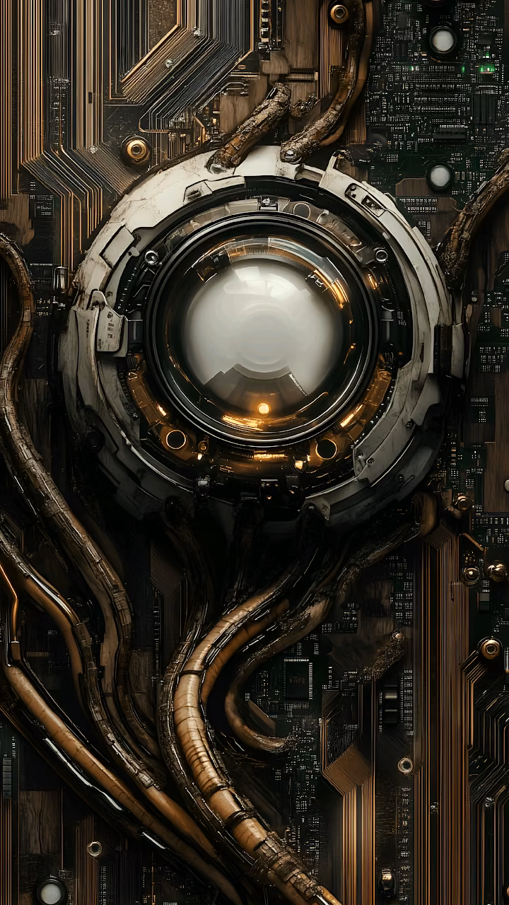 Steampunk Cyborg Eye Lens on Dark Circuit Board Background - Free Mobile AMOLED Wallpaper Background