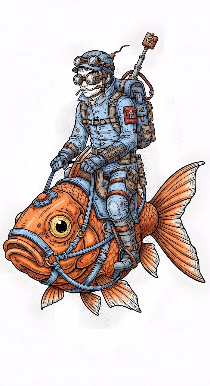 Steampunk Figure Riding Giant Orange Goldfish - Free Mobile AMOLED Wallpaper Background
