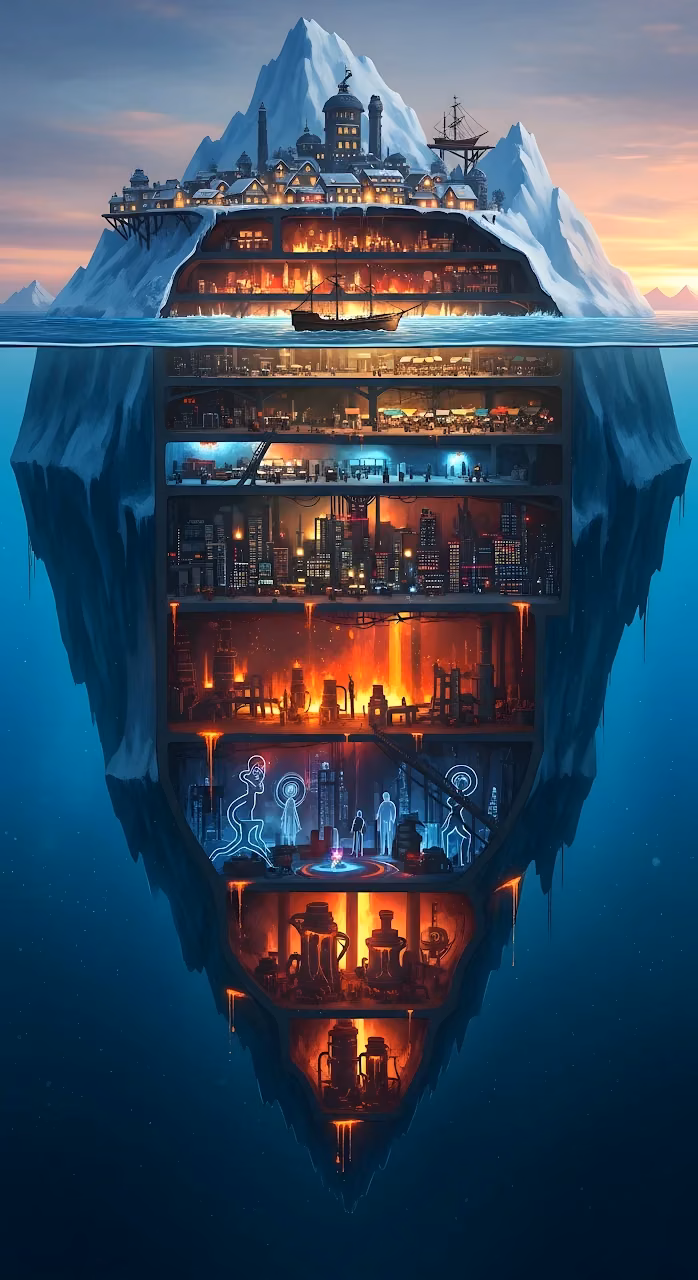 Steampunk Iceberg City with Subterranean Layers - Free Mobile AMOLED Wallpaper Background