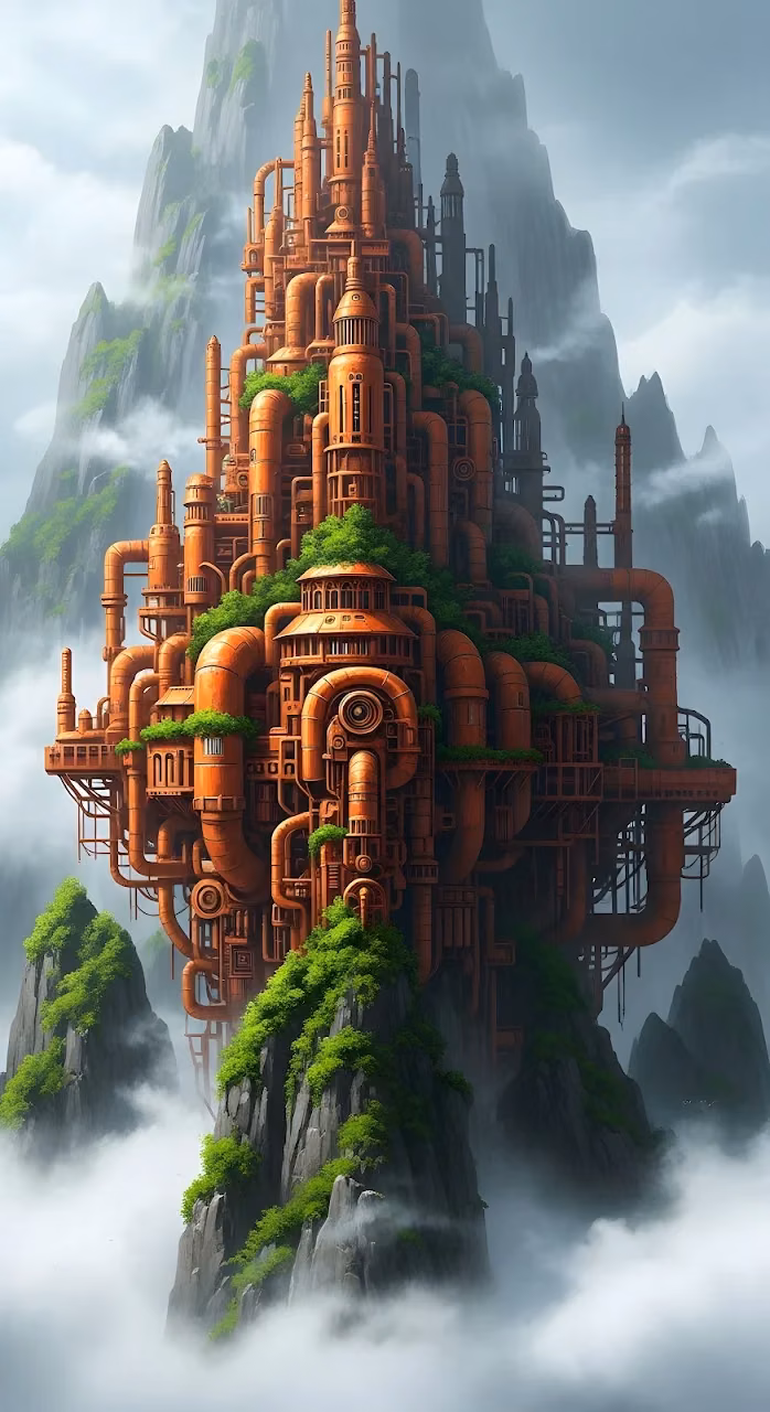 Steampunk Industrial City Built on Misty Mountain Peak - Free Mobile AMOLED Wallpaper Background