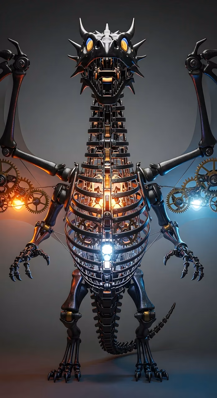 Steampunk Mechanical Dragon with Internal Gears and Lights - Free Mobile AMOLED Wallpaper Background