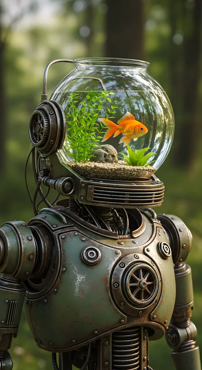 Steampunk Robot Head Aquarium Goldfish Forest Scene - Free Mobile AMOLED Wallpaper Background