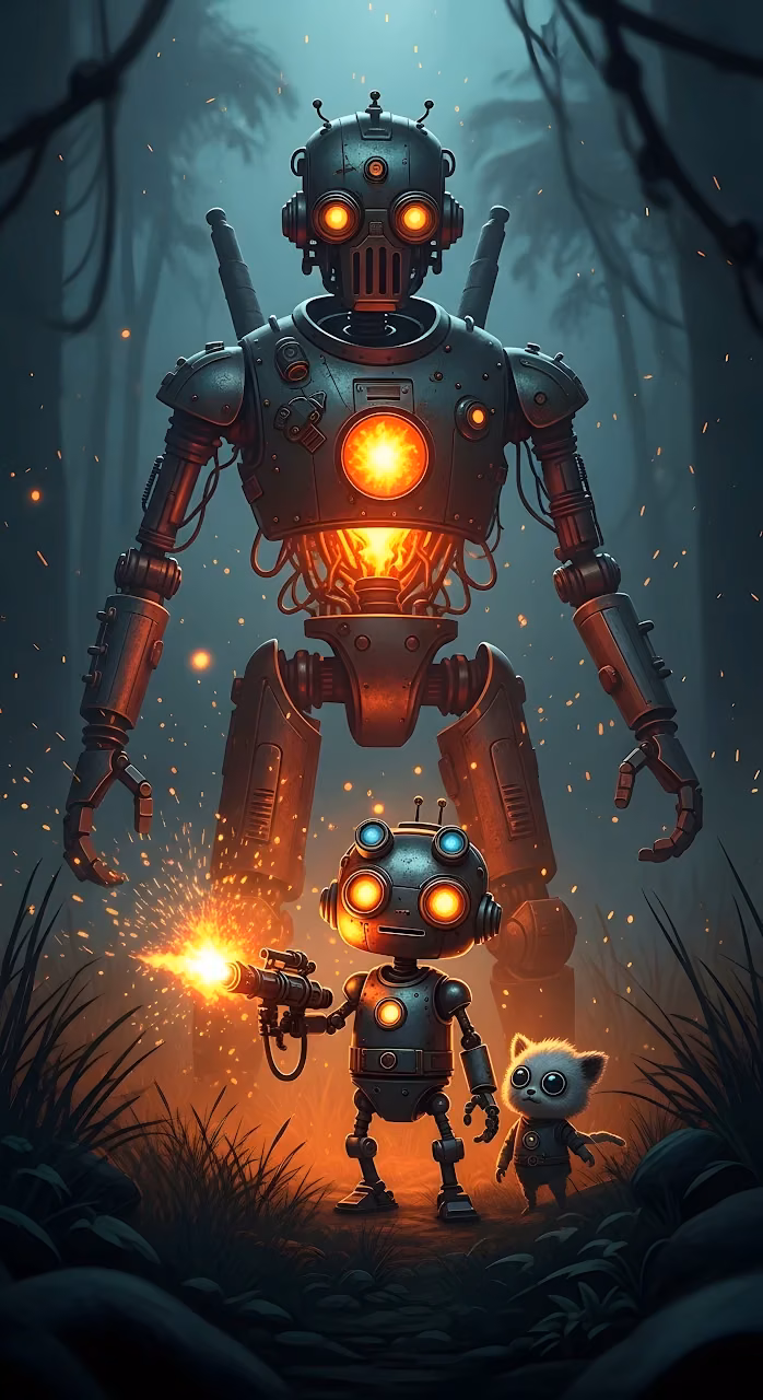 Steampunk Robots and Cute Companion in Dark Forest - Free Mobile AMOLED Wallpaper Background