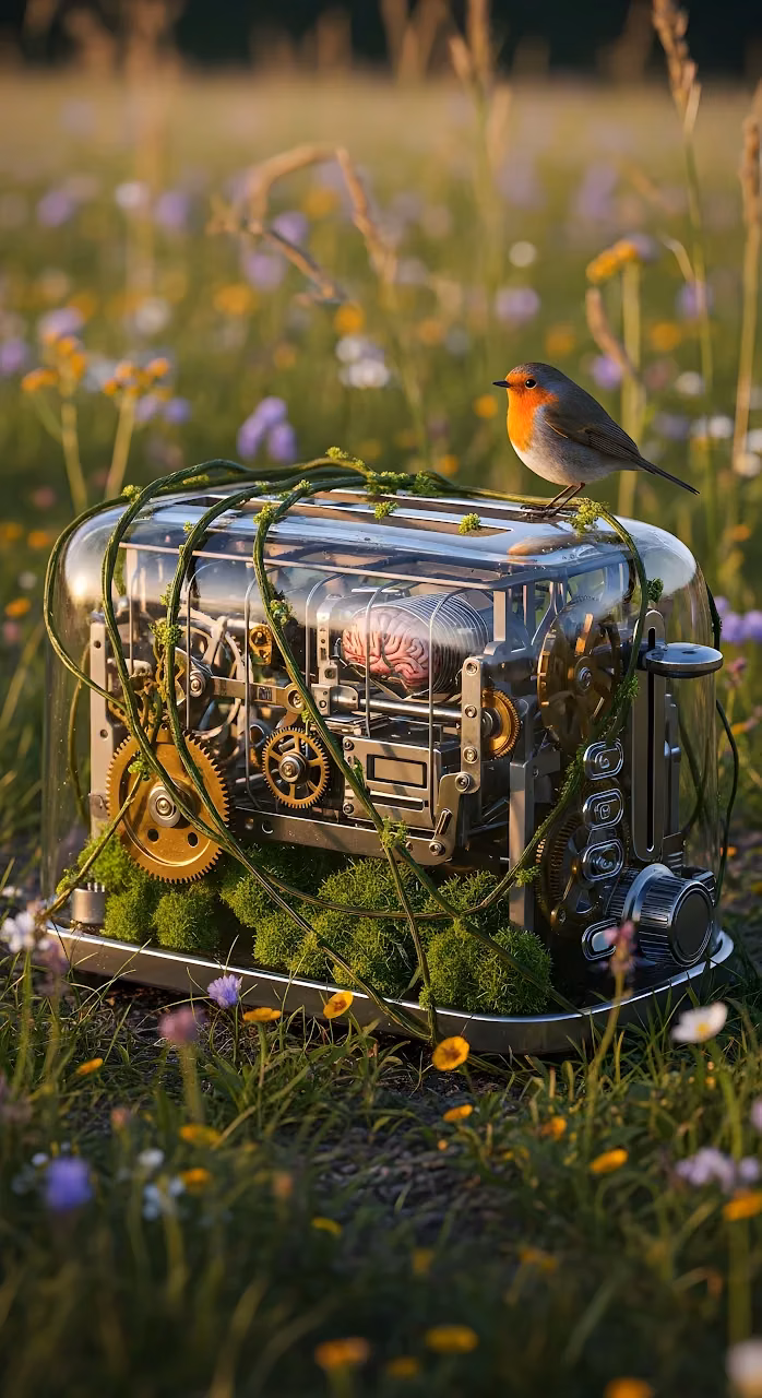 Steampunk Toaster Machine in a Wildflower Meadow - Free Mobile AMOLED Wallpaper Background