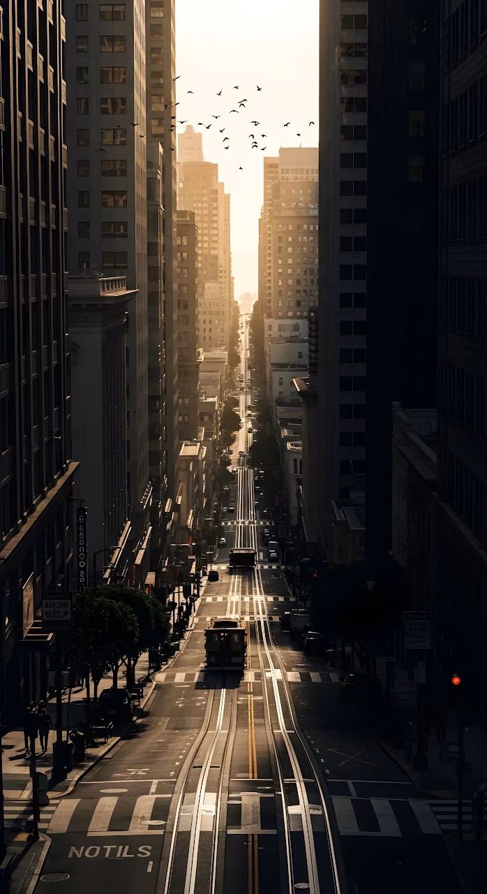 Download Steep City Street with Cable Car, Hazy Sunset Light Canyon Wallpaper in Mobile HD Steep City Street with Cable Car, Hazy Sunset Light Canyon - Free Mobile AMOLED Wallpaper Background