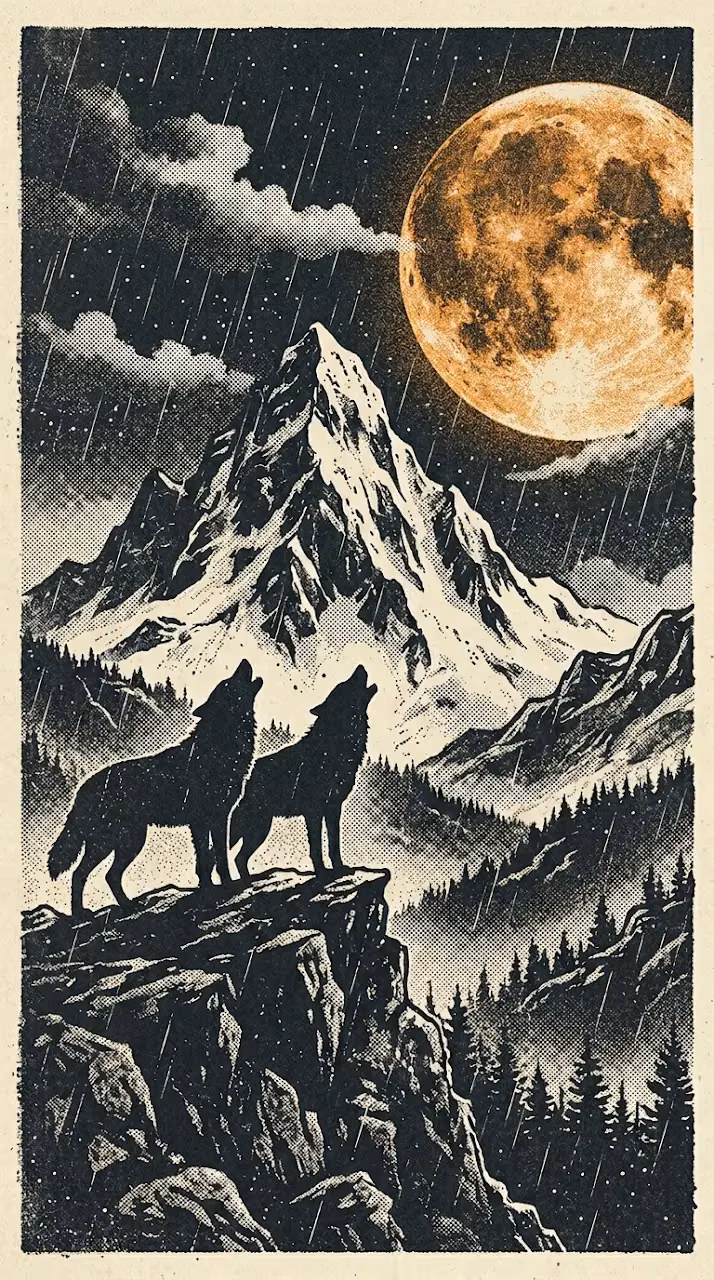 Download Stippled Retro Illustration of Wolves Howling at Giant Blood Moon Wallpaper in Mobile HD Stippled Retro Illustration of Wolves Howling at Giant Blood Moon - Free Mobile AMOLED Wallpaper Background
