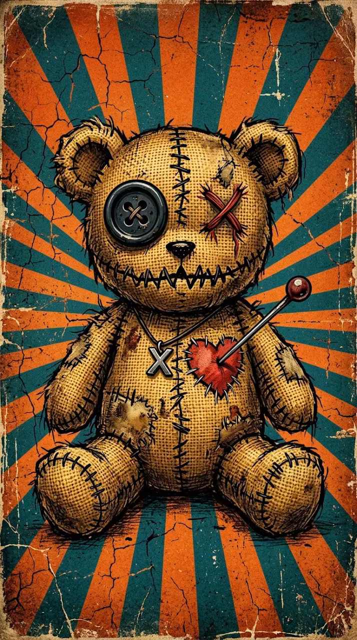 Stitched Voodoo Teddy Bear on Retro Distressed Sunburst - Free Mobile AMOLED Wallpaper Background