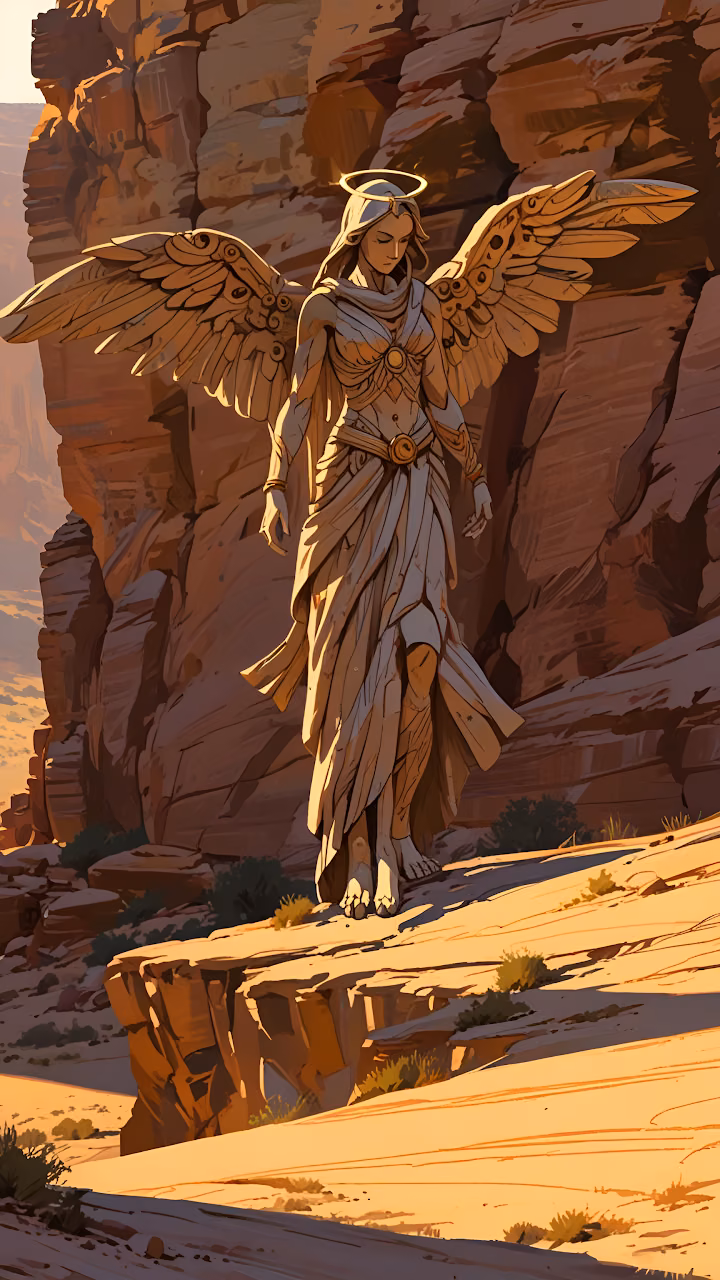 Stone Angel with Golden Wings Standing in Desert Canyon - Free Mobile AMOLED Wallpaper Background