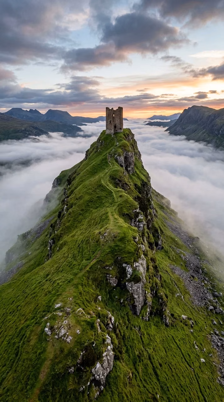 Stone Castle Tower Ruin Atop Sharp Vibrant Green Mountain Ridge - Free Mobile AMOLED Wallpaper Background
