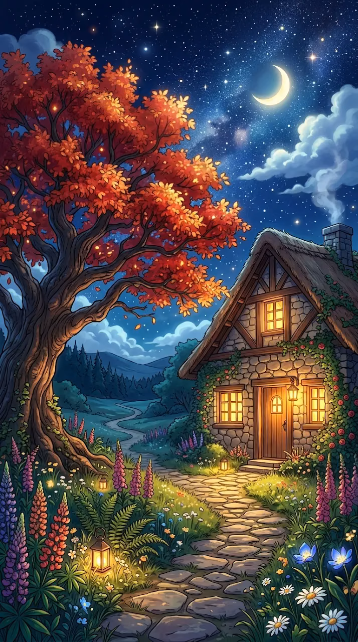 Download Stone Cottage Under a Radiant Red Autumn Tree at Night Wallpaper in Mobile HD Stone Cottage Under a Radiant Red Autumn Tree at Night - Free Mobile AMOLED Wallpaper Background
