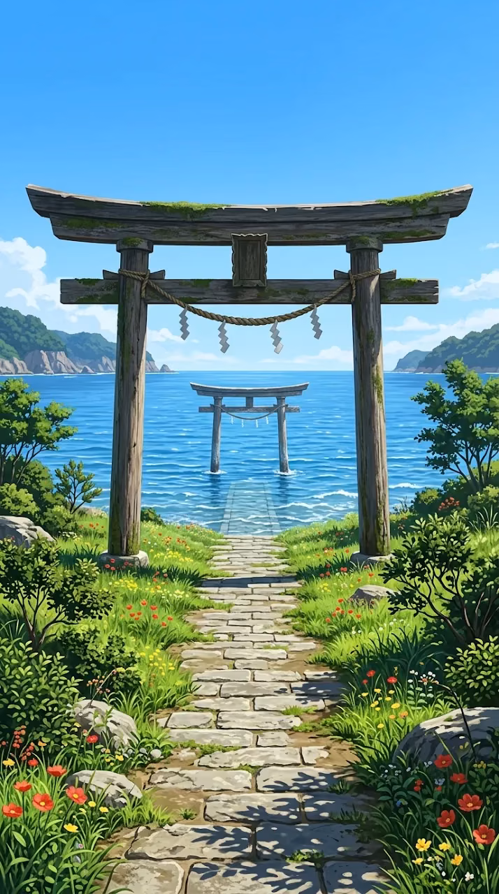 Stone Path Leading Through Torii Gates to the Ocean - Free Mobile AMOLED Wallpaper Background