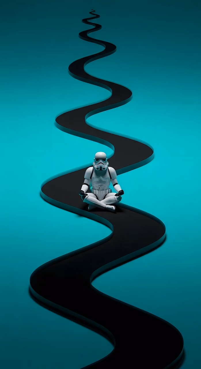 Download Stormtrooper Meditating on Winding Black Path Minimalist Art Wallpaper in Mobile HD Stormtrooper Meditating on Winding Black Path Minimalist Art - Free Mobile AMOLED Wallpaper Background