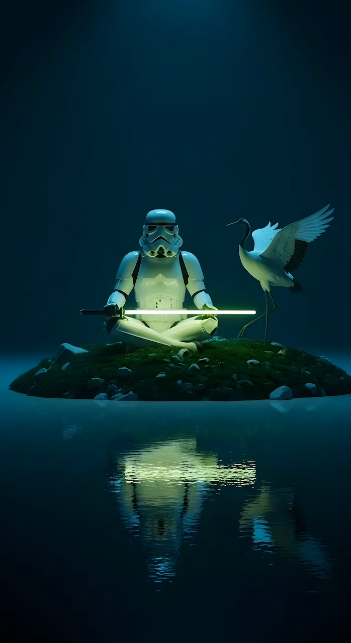 Stormtrooper Meditation with Lightsaber and Crane Art - Free Mobile AMOLED Wallpaper Background