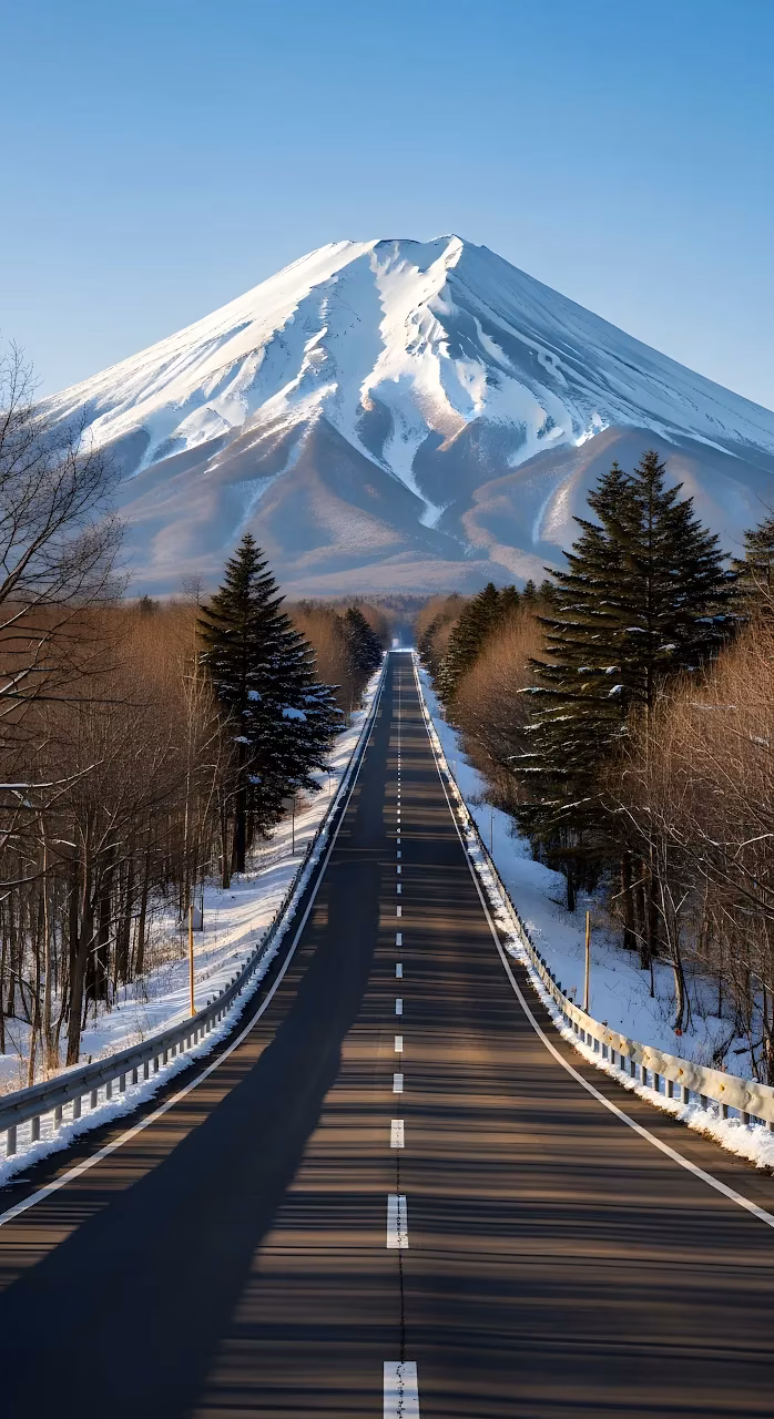Straight Road Leading to Majestic Snow Capped Mount Fuji - Free Mobile AMOLED Wallpaper Background