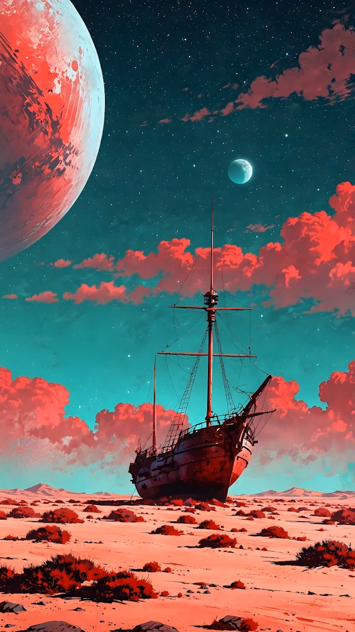 Stranded Galleon on Martian Desert Planet Surreal Landscape - Free Mobile AMOLED Wallpaper Background