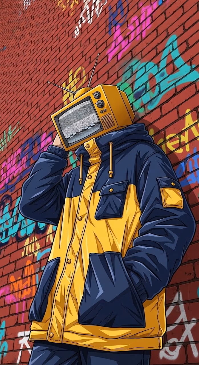 Download Street Art Illustration of a TV-Head Character Leaning on Graffiti Wall Wallpaper in Mobile HD Street Art Illustration of a TV-Head Character Leaning on Graffiti Wall - Free Mobile AMOLED Wallpaper Background