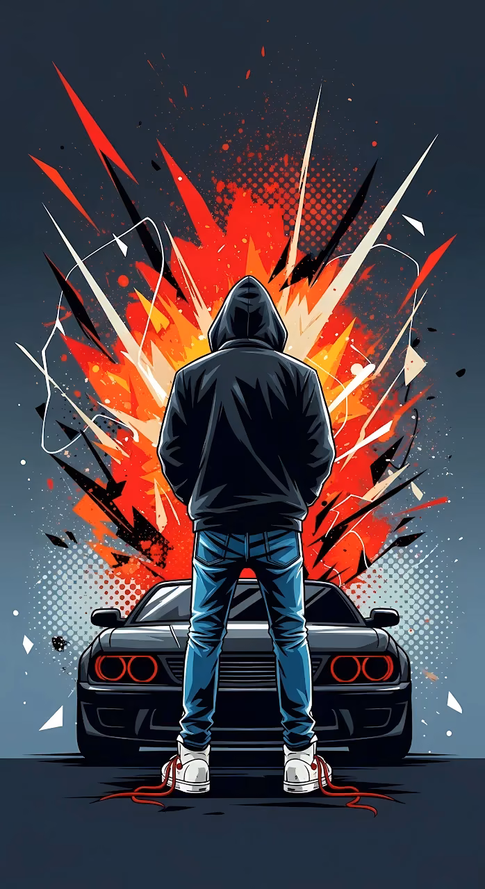 Download Street Art Style Hooded Figure and Explosive Sports Car Wallpaper in Mobile HD Street Art Style Hooded Figure and Explosive Sports Car - Free Mobile AMOLED Wallpaper Background
