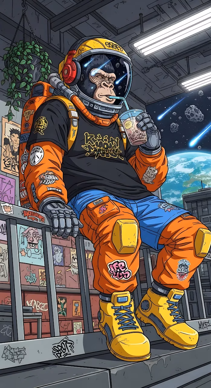 Streetwear Ape Astronaut Drinking Boba Tea with Earth View - Free Mobile AMOLED Wallpaper Background