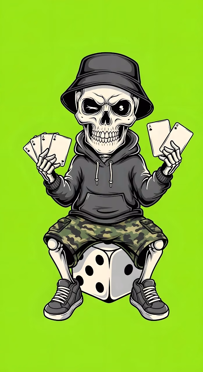 Streetwear Skeleton Mascot Holding Aces on Neon Green - Free Mobile AMOLED Wallpaper Background