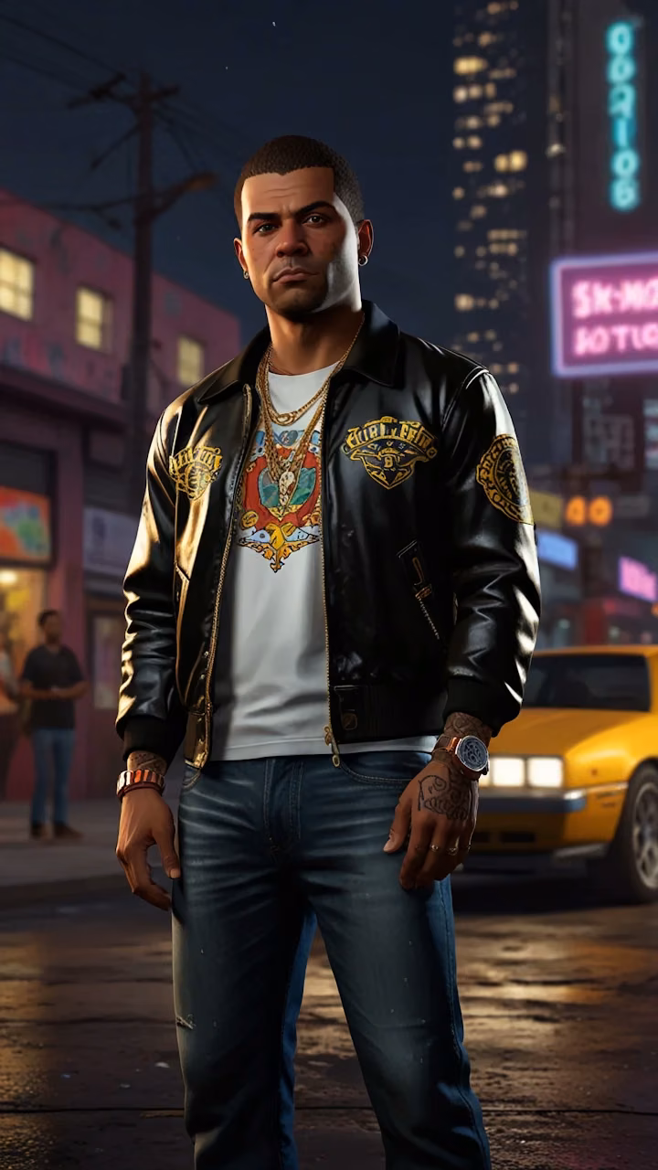 Streetwise man in leather jacket stands under neon city lights - Free Mobile AMOLED Wallpaper Background