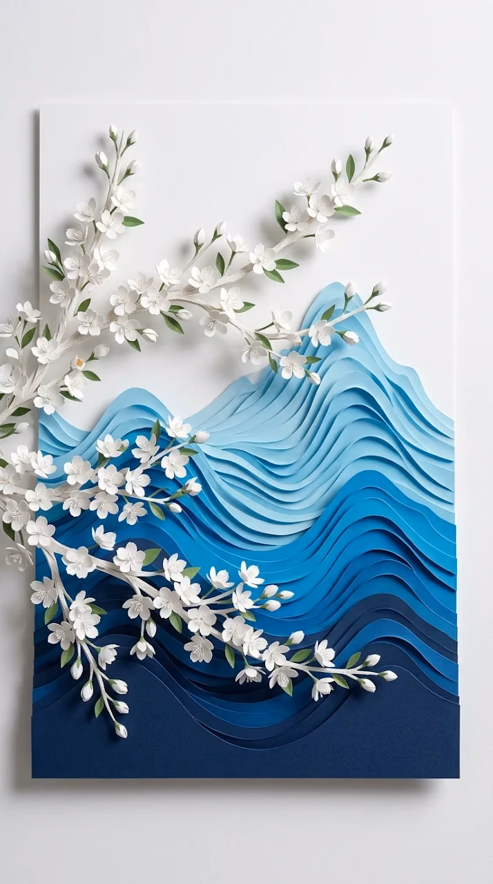 Stunning Blue and White Papercraft Flowers and Mountains - Free Mobile AMOLED Wallpaper Background