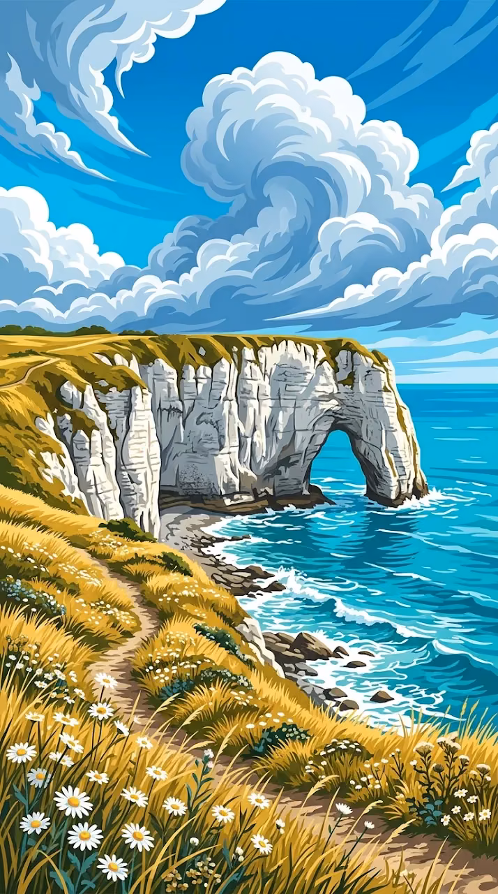 Download Stunning Illustration of White Coastal Cliffs with Natural Rock Arch Wallpaper in Mobile HD Stunning Illustration of White Coastal Cliffs with Natural Rock Arch - Free Mobile AMOLED Wallpaper Background