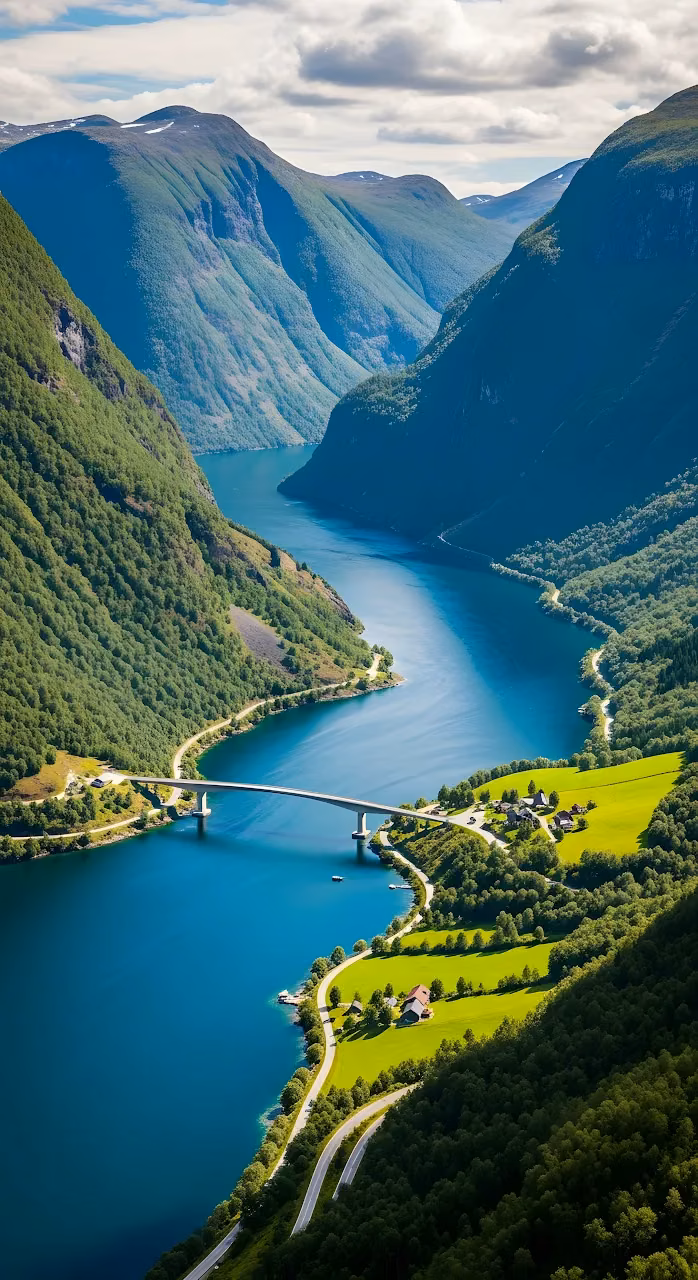 Stunning Norwegian Fjord Valley Bridge Aerial View - Free Mobile AMOLED Wallpaper Background