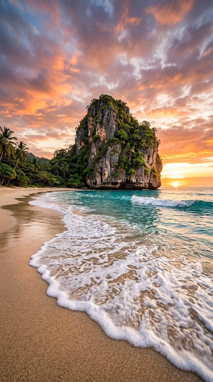Stunning Tropical Beach with Limestone Karst Island at Golden Hour - Free Mobile AMOLED Wallpaper Background