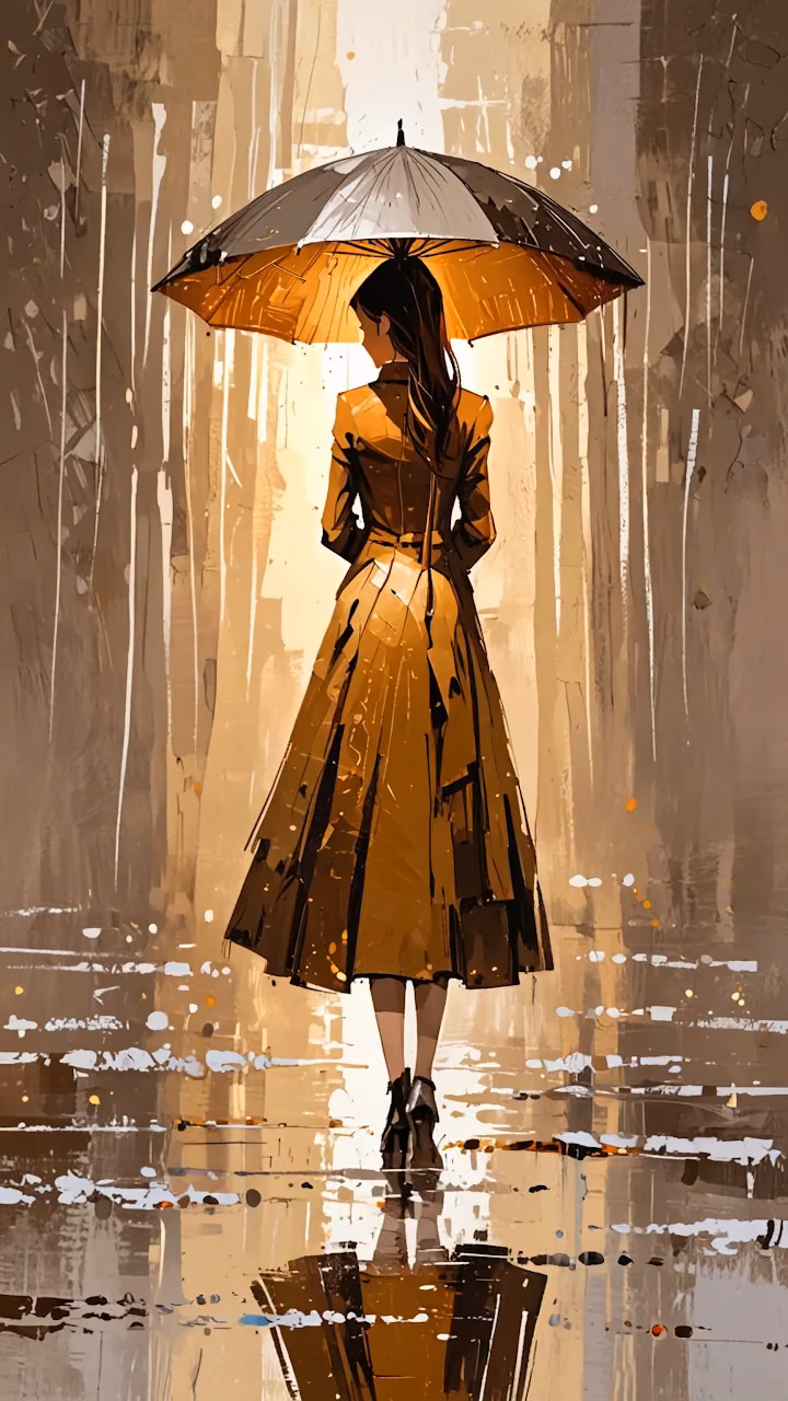 Stylish Woman with Golden Umbrella in Abstract Rain - Free Mobile AMOLED Wallpaper Background