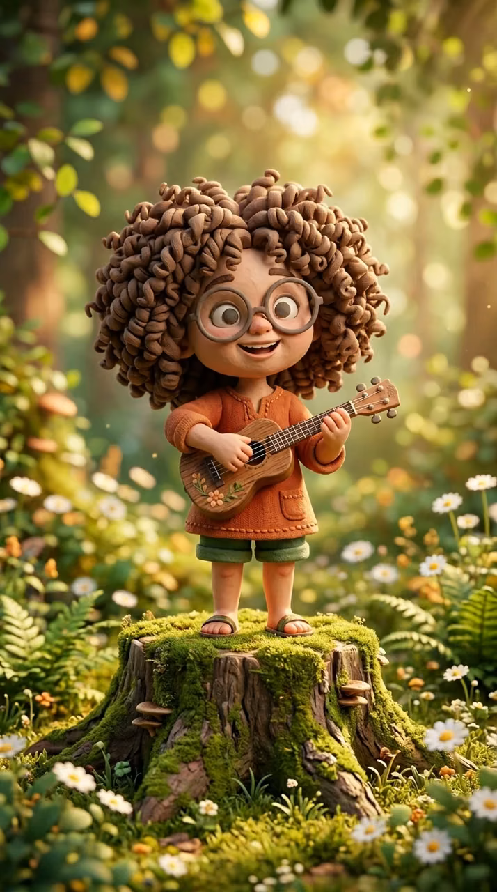 Stylized 3D Girl with Ukulele on Mossy Tree Stump - Free Mobile AMOLED Wallpaper Background