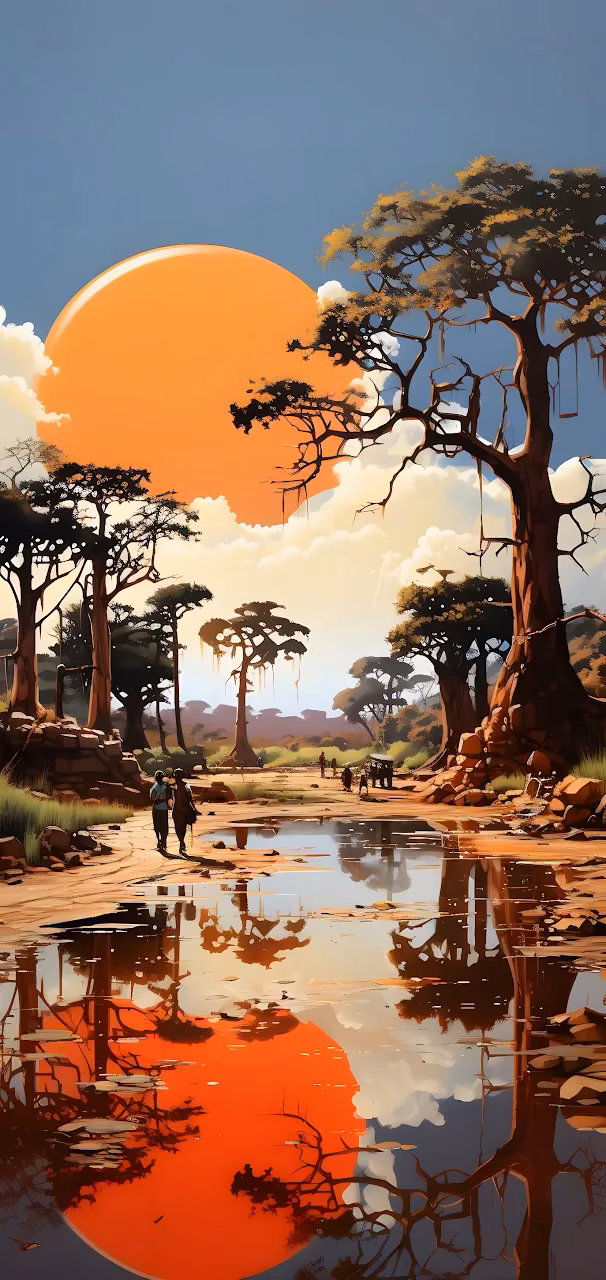 Download Stylized African Savanna Sunset Reflection Art Wallpaper in Mobile HD Stylized African Savanna Sunset Reflection Art - Free Mobile AMOLED Wallpaper Background
