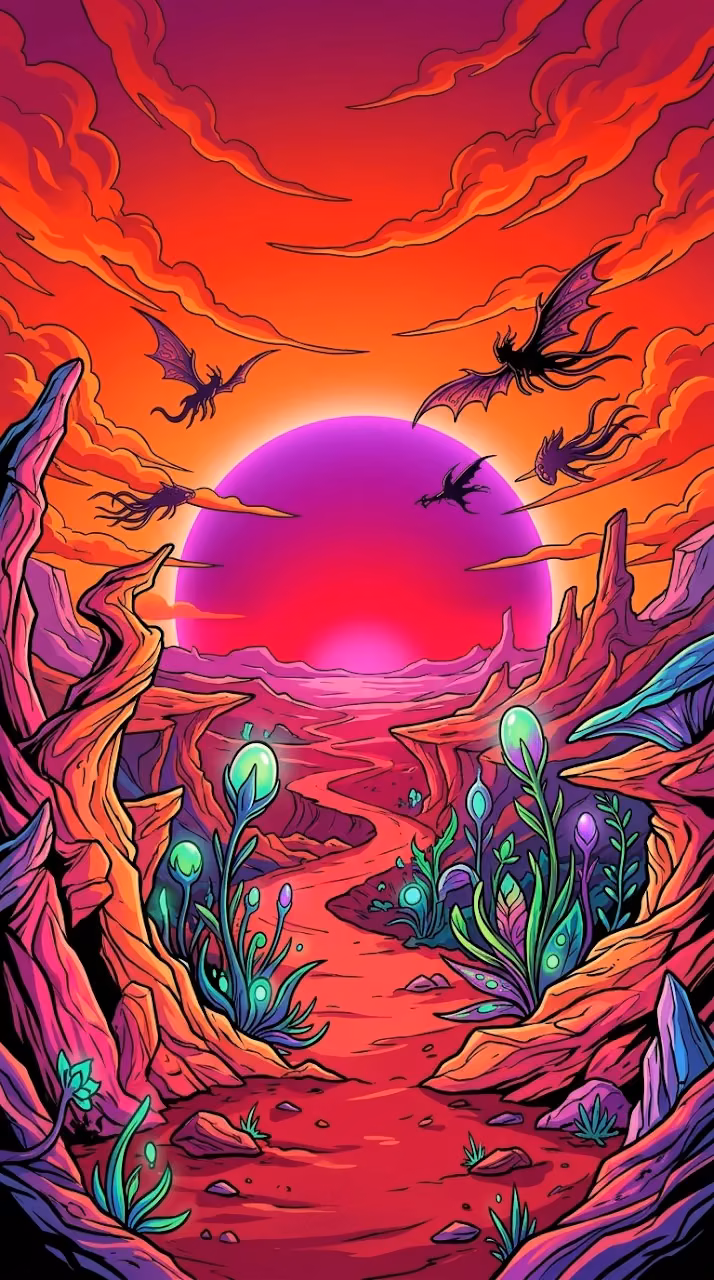 Download Stylized Alien Desert Landscape at Sunset Wallpaper in Mobile HD Stylized Alien Desert Landscape at Sunset - Free Mobile AMOLED Wallpaper Background