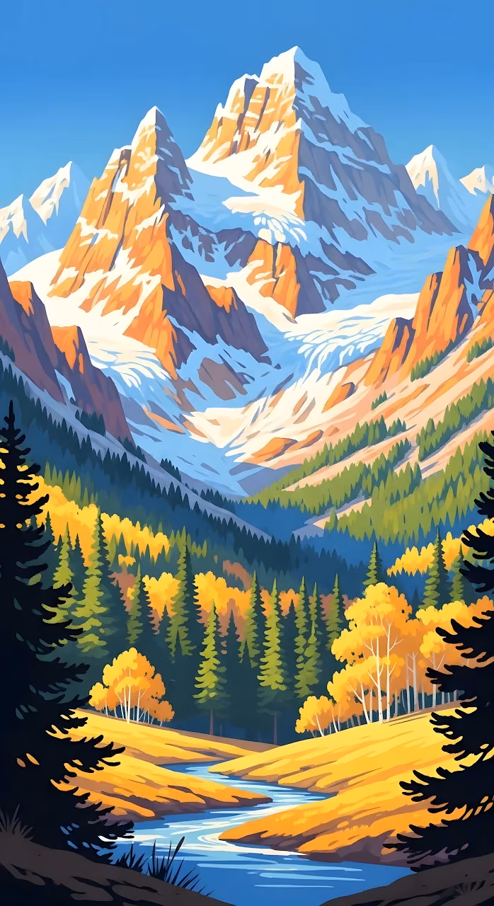 Download Stylized Alpine Valley with Autumn Forests and River Wallpaper in Mobile HD Stylized Alpine Valley with Autumn Forests and River - Free Mobile AMOLED Wallpaper Background
