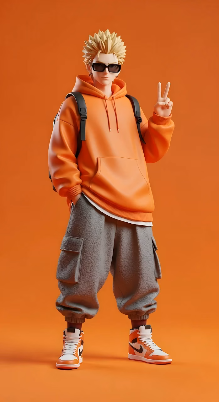 Stylized Anime Figure in Orange Hoodie and Cargo Pants - Free Mobile AMOLED Wallpaper Background