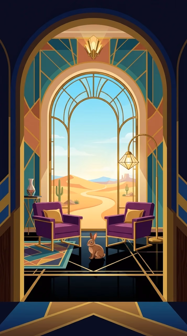 Download Stylized Art Deco Interior with Desert View Wallpaper in Mobile HD Stylized Art Deco Interior with Desert View - Free Mobile AMOLED Wallpaper Background
