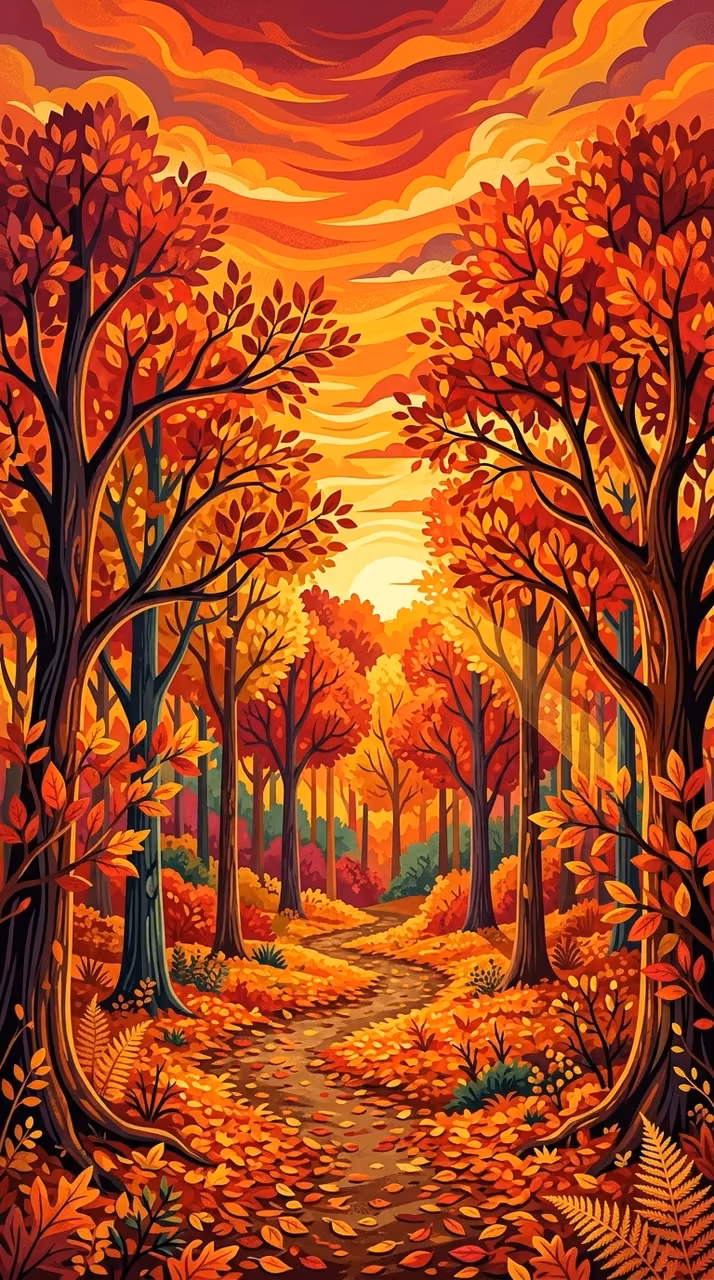 Download Stylized Autumn Landscape with Vibrant Red Trees and Blazing Orange Sky Wallpaper in Mobile HD Stylized Autumn Landscape with Vibrant Red Trees and Blazing Orange Sky - Free Mobile AMOLED Wallpaper Background