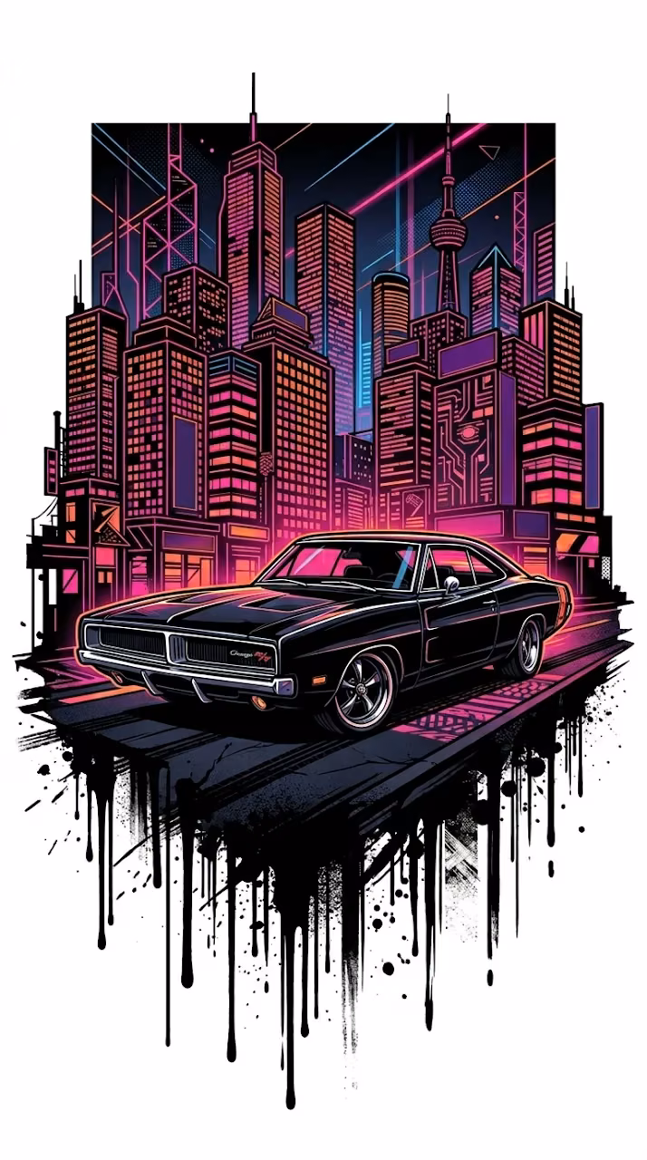 Stylized Black Classic Muscle Car against Neon City Skyline with Ink Drips - Free Mobile AMOLED Wallpaper Background