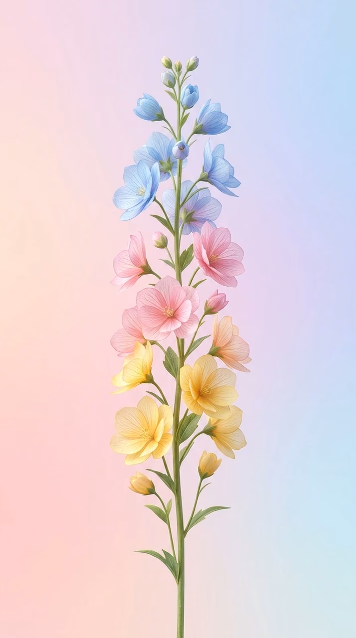 Stylized Botanical Illustration of a Flower Stalk with Multi-Colored Petals - Free Mobile AMOLED Wallpaper Background