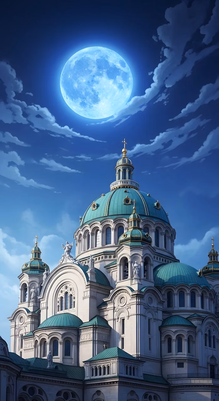 Stylized Cathedral Under a Bright Anime Blue Moon - Free Mobile AMOLED Wallpaper Background