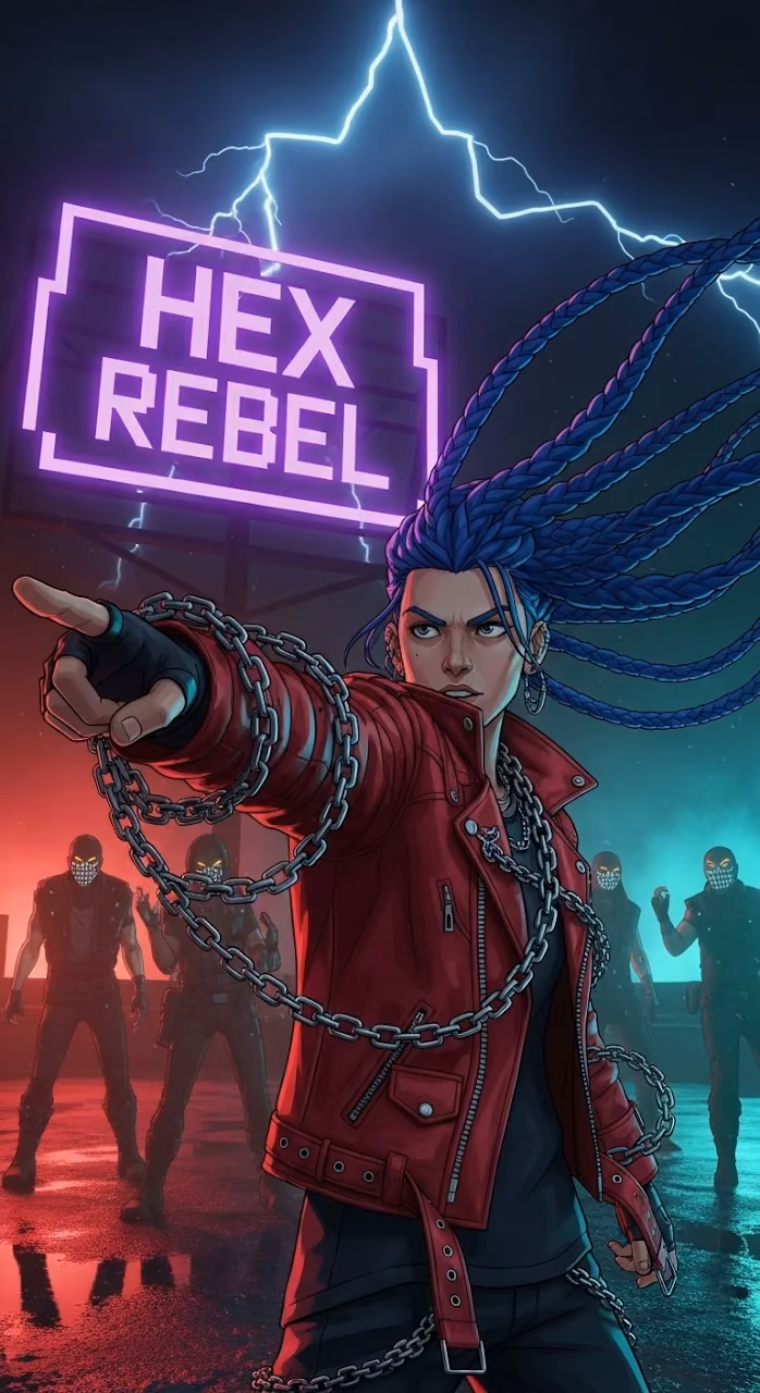Download Stylized Character Illustration of a Blue Haired Punk Rebel in a Dark Neon City Wallpaper in Mobile HD Stylized Character Illustration of a Blue Haired Punk Rebel in a Dark Neon City - Free Mobile AMOLED Wallpaper Background