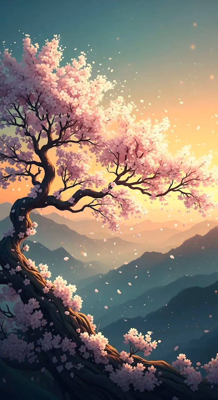 Stylized Cherry Blossom Tree Over Misty Japanese Mountains - Free Mobile AMOLED Wallpaper Background