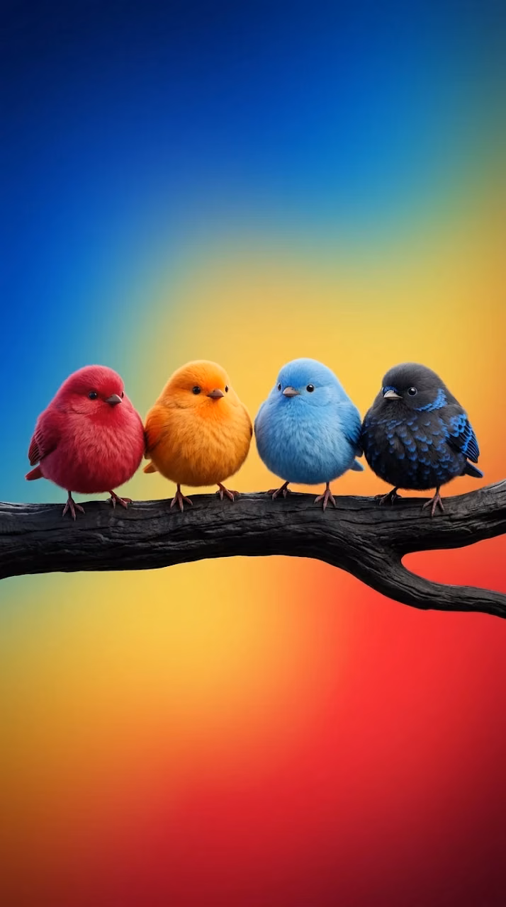 Download Stylized Colorful Cartoon Birds on a Branch with Rainbow Gradient Wallpaper in Mobile HD Stylized Colorful Cartoon Birds on a Branch with Rainbow Gradient - Free Mobile AMOLED Wallpaper Background