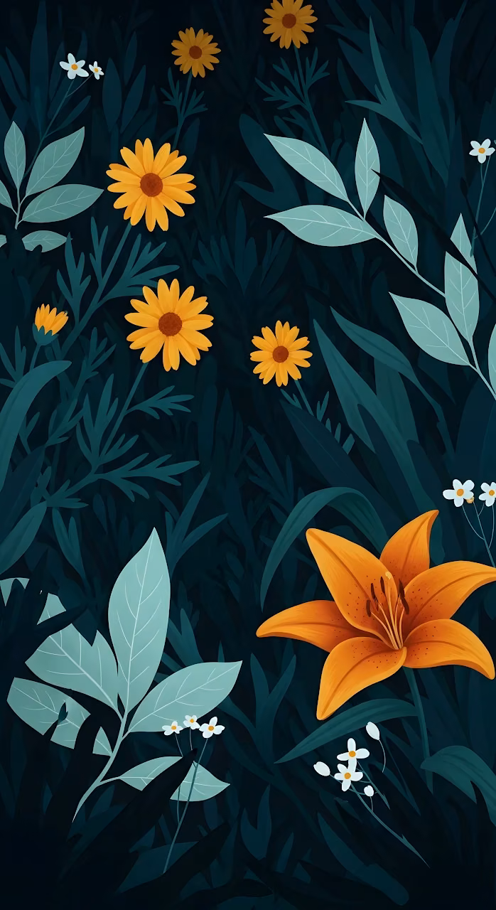 Download Stylized Dark Floral Garden Illustration Orange Lily Wallpaper in Mobile HD Stylized Dark Floral Garden Illustration Orange Lily - Free Mobile AMOLED Wallpaper Background