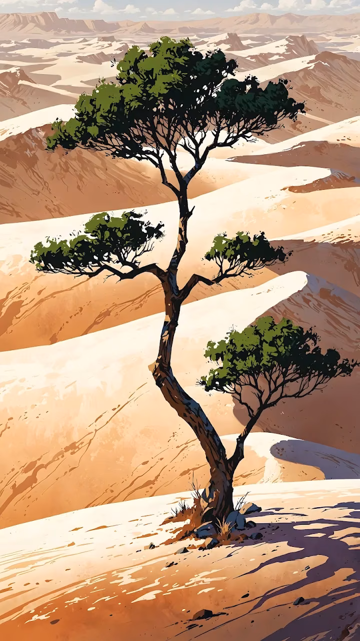 Stylized Desert Landscape Art with Lone Green Tree - Free Mobile AMOLED Wallpaper Background